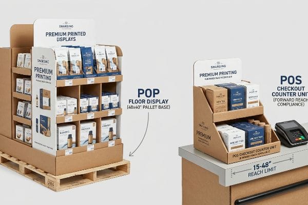 Expositor de suelo POP de cartón corrugado Sharsing sobre un palé GMA de 48x40 y una unidad de mostrador de punto de venta con un alcance de entre 15 y 48 pulgadas.