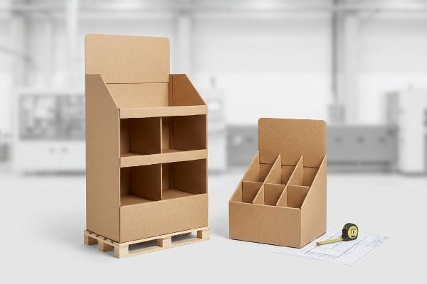 Corrugated cardboard POP floor display on a pallet, beside a POS counter unit with a measuring tape and blueprint.