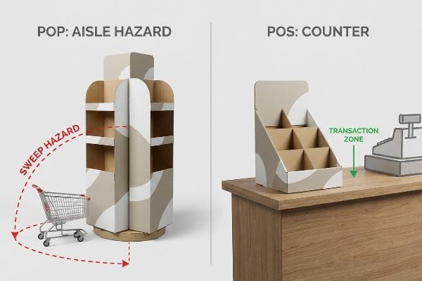 Cardboard retail displays: Point of Purchase Aisle Hazard with a shopping cart's sweep hazard, and Point of Sale Counter display in a transaction zone.