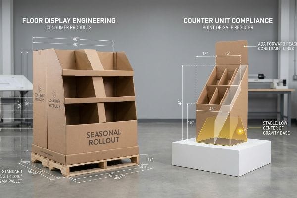 段ボール製ディスプレイ:GMAパレットを使用したフロアディスプレイ設計、ADA(米国障害者法)の制約に準拠したカウンターユニット。.