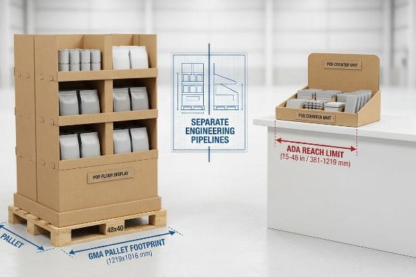 Cardboard POP Floor Display on a GMA 48x40 pallet and a POS Counter Unit with ADA Reach Limit (15-48 in), highlighting Separate Engineering Pipelines.