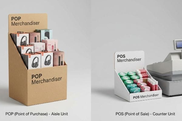 Brown Pop Merchandiser Aisle Unit with headphones, alongside white Pos Merchandiser Counter Unit with mints and lip balm.