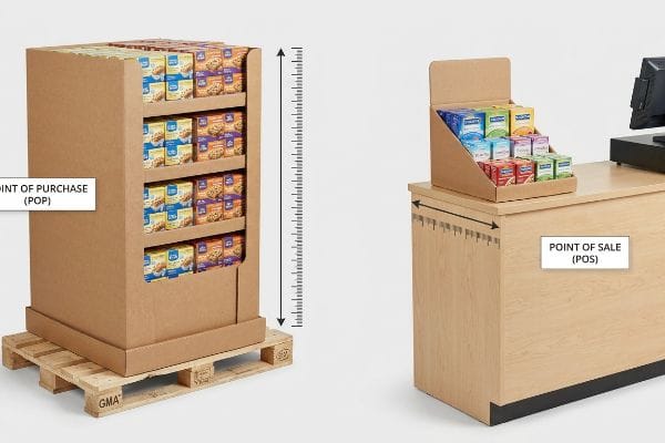 Brown corrugated Point of Purchase (POP) floor display on GMA pallet, vertically measured, and Point of Sale (POS) counter display, horizontally measured.