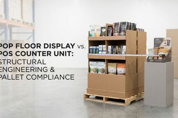 Corrugated cardboard POP floor display on a wooden pallet next to a POS counter unit, comparing Structural Engineering & Pallet Compliance with a measuring tape.