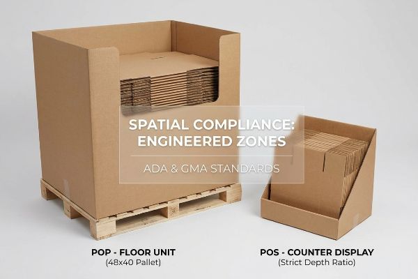Brown corrugated cardboard Pop Floor Unit on a 48x40 pallet and a Pos Counter Display, demonstrating Spatial Compliance: Engineered Zones for Ada & Gma Standards.