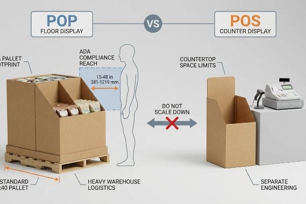 Cardboard POP Floor Display on a 48x40 pallet versus a POS Counter Display, illustrating ADA compliance reach of 15-48 inches and the 'Do Not Scale Down' warning.