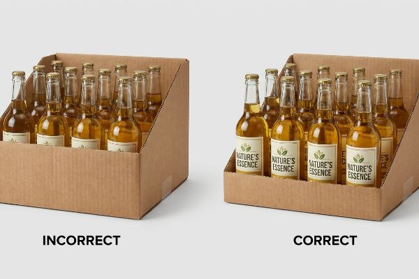 Brown corrugated cardboard POP display trays illustrate Correct and Incorrect lip heights for 'Nature's Essence' bottles, impacting label visibility.