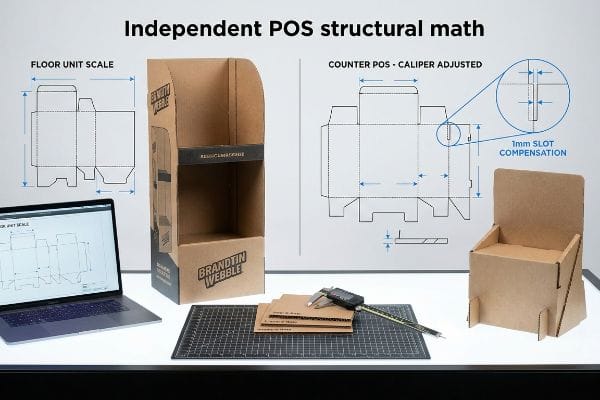 Brown corrugated displays, Brandtin Webble floor and counter POS dielines, digital caliper, and 1mm slot compensation.