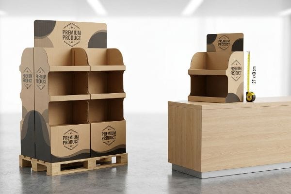 Brown corrugated cardboard floor display on a pallet next to a smaller counter display with 