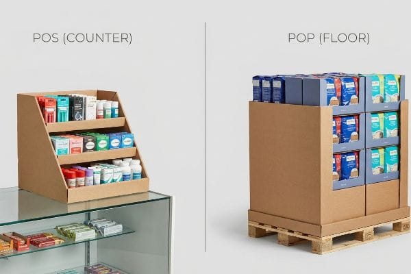 Corrugated Point Of Sale (Counter) display and Point Of Purchase (Floor) display, showcasing retail packaging on a counter and pallet.