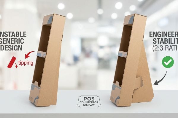 Displays de balcão para pontos de venda em papelão marrom natural, contrastando um design genérico instável com um modelo de estabilidade projetada (proporção 2:3).
