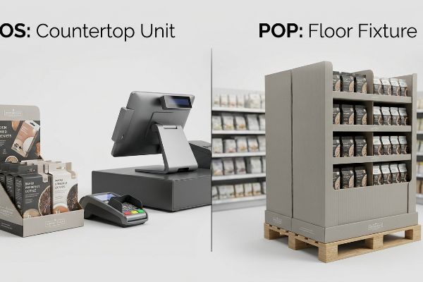 Harvey's Coffee Point of Sale countertop unit with credit card terminal, beside a Point of Purchase floor fixture on a wooden pallet.