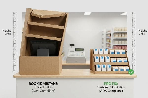 Brown cardboard scaled pallet display, labeled Rookie Mistake Non-Compliant, exceeds height limit next to a Pro Fix Custom POS Dieline, ADA Compliant.