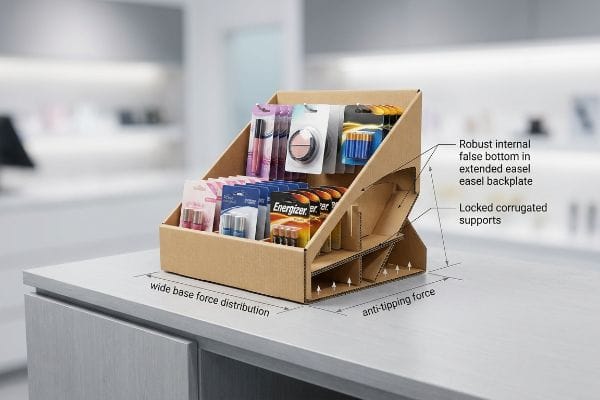 Corrugated POS display with cosmetics, Energizer batteries, showing robust false bottom, locked supports, wide base, anti-tipping force.
