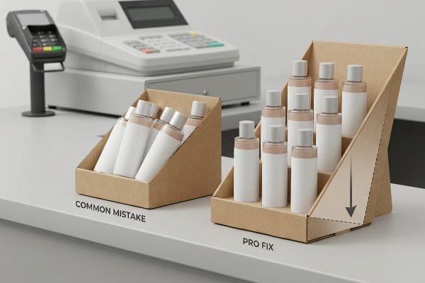 Cardboard point-of-sale displays on a counter, showing a Common Mistake flat tray and a Pro Fix tiered display with an extended easel back.