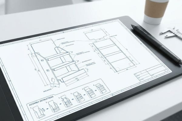 Digital tablet displays a POS display stand blueprint with detailed dimensions and Assembly Instructions, alongside a stylus.