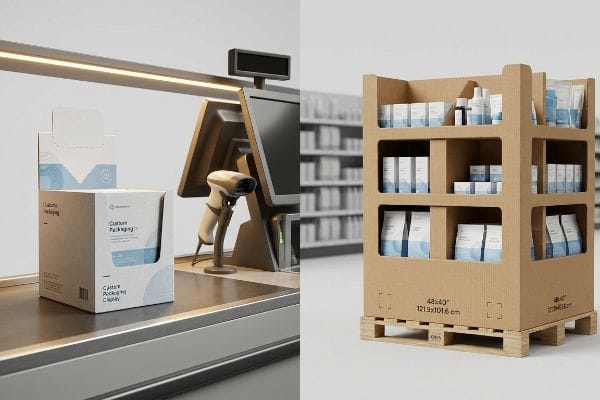 Kraft cardboard POS display on a checkout counter with 'Custom Packaging' and 'Custom Pickup Kit Display', alongside a corrugated floor display on a 48x40 (121.9x101.6 cm) pallet, both showing retail-ready products.