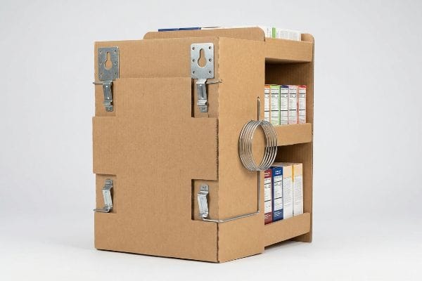 Corrugated cardboard POS display with universal metal bracket and S-clip system for sidekick merchandising.