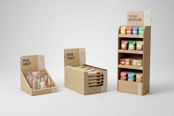 Natural kraft cardboard retail display units: a Pos Unit with cosmetics, a Pdq Tray with snacks, and an Fsdu Display with colorful bags.