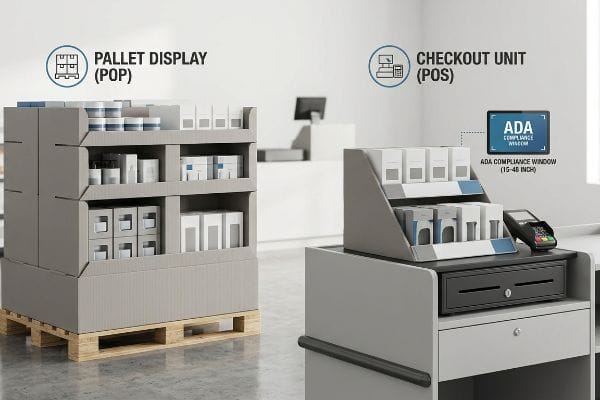 Gray corrugated Pallet Display (POP) on a pallet and a Checkout Unit (POS) with an ADA Compliance Window (15-48 Inch).