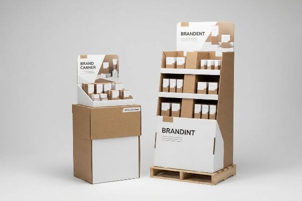 Corrugated cardboard retail displays: a Brand Canner countertop POS unit and a Brandent floor POP display on a wooden pallet.