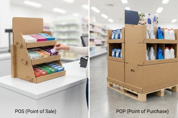 Natural brown corrugated cardboard displays show Point of Sale (POS) counter units and Point of Purchase (POP) floor merchandisers.