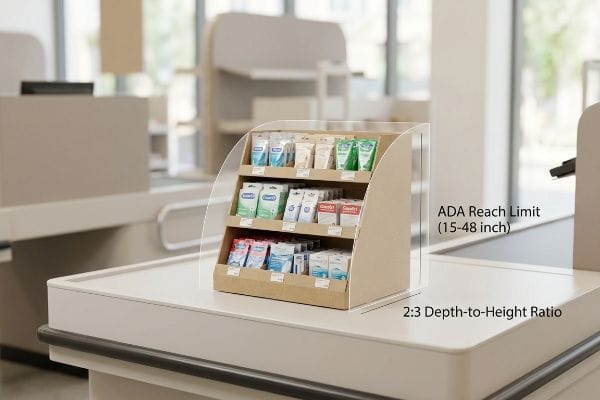 Présentoir PLV beige à trois niveaux sur un comptoir de caisse, indiquant la limite de portée ADA (15-48 pouces) et un rapport profondeur/hauteur de 2:3 pour la conformité au commerce de détail.