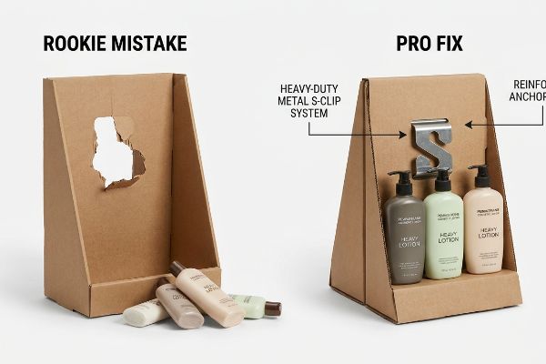 Brown cardboard display: 'Rookie Mistake' torn hole, fallen lotion. 'Pro Fix' 'Heavy-Duty Metal S-Clip System'.