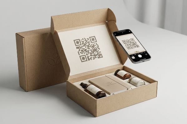 Kraft paper PR box open, revealing a large QR code on the inner lid, scanned by a smartphone. Custom products in tray.