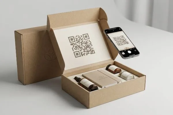 Boîte promotionnelle en papier kraft ouverte, révélant un grand code QR sur le couvercle intérieur, scannable avec un smartphone. Produits personnalisés dans un plateau.