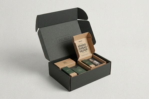 Dark grey PR Kit box open, revealing a