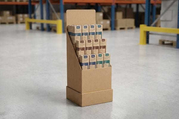 Three-tier corrugated cardboard PDQ display, pre-filled with Espresso and Coffee product boxes, in a warehouse.