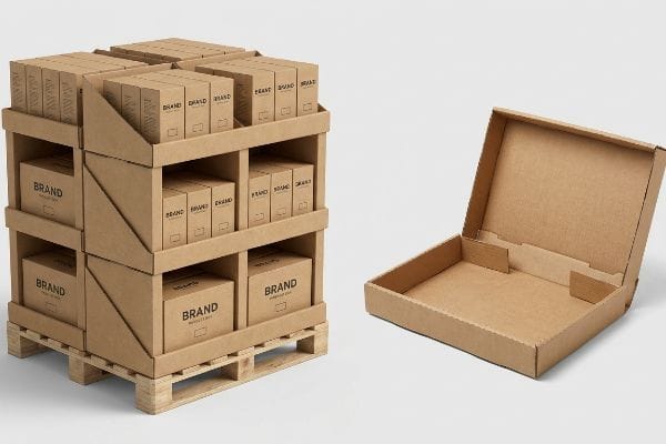 Natural brown corrugated cardboard quarter pallet display filled with Brand boxes, showcasing a pre-glued auto-bottom retail-ready tray.