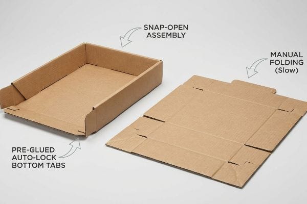 Brown corrugated cardboard trays showing Pre-Glued Auto-Lock Bottom Tabs for Snap-Open Assembly versus flat Manual Folding (Slow).