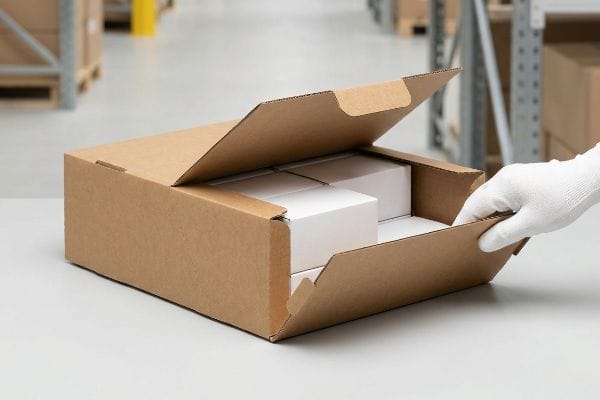 Brown corrugated cardboard box, a pre-glued modular tray, being opened by a gloved hand to reveal white product boxes inside a warehouse.