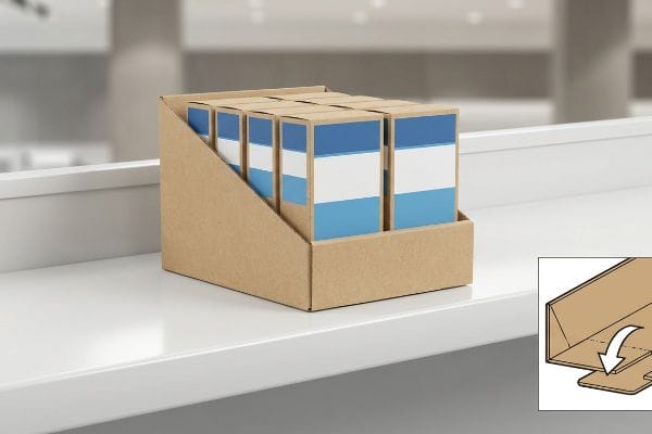 Kraft paper PDQ display tray with auto-locking crash bottom, holding striped boxes on a white shelf. Inset details the pre-glued modular base.
