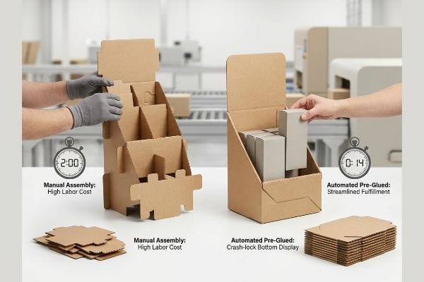 Brown corrugated cardboard displays comparing 2:00 Manual Assembly with High Labor Cost to 0:14 Automated Pre-Glued Crash-Lock Bottom Display for Streamlined Fulfillment.