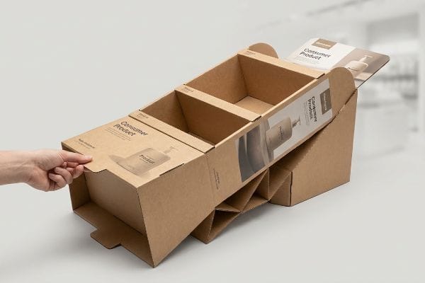 Brown kraft board pop-up display with pre-glued modular trays, a hand assembling the 'Consumer Product' unit.