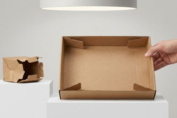 A hand holds a brown cardboard pre-glued modular tray, contrasting with a crumpled box, highlighting quick PDQ display assembly.