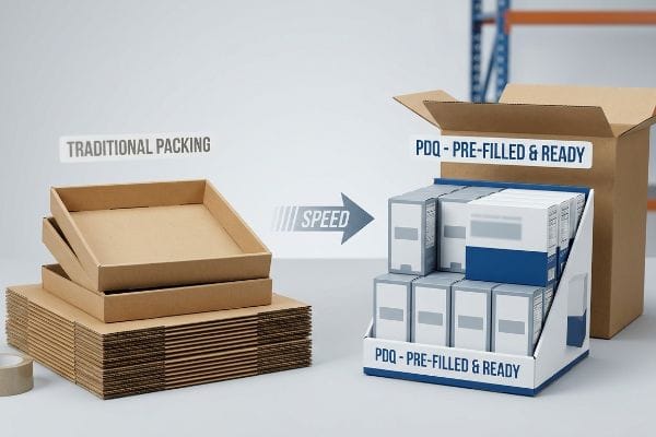Bandejas de papelão ondulado marrom para embalagens tradicionais contrastam com um expositor PDQ - Pré-Preenchido e Pronto, pré-carregado com produtos em uma caixa master, destacando a Rapidez.