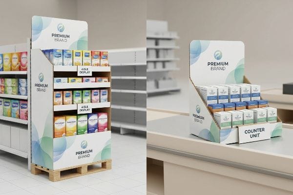 Cardboard Premium Brand displays: a multi-shelf Aisle Display on a wooden pallet with colorful product boxes, and a tiered Counter Unit with smaller white boxes.