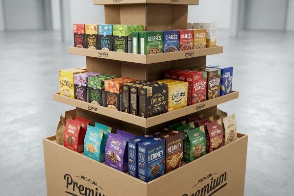 Ein mehrstöckiges Verkaufsdisplay aus Karton mit der Aufschrift „Premium“, auf dem verschiedene Produktverpackungen und Beutel der Marken Gearrels, Chriga, Hemney und Creamer Montes präsentiert werden.
