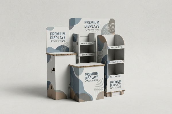A collection of corrugated cardboard retail display units, branded