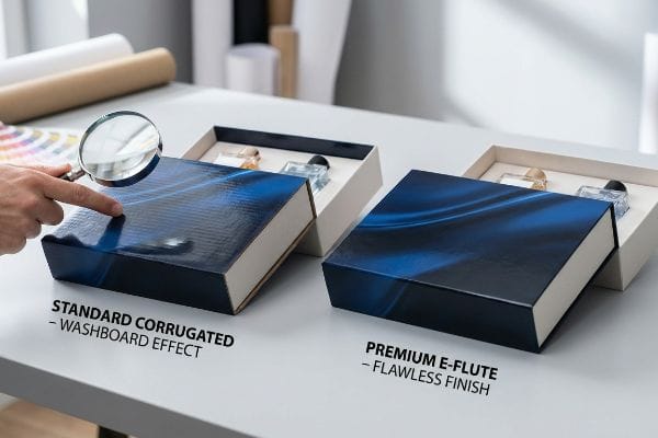 Hand with magnifying glass highlights Standard Corrugated packaging's Washboard Effect, contrasting with Premium E-Flute's Flawless Finish.