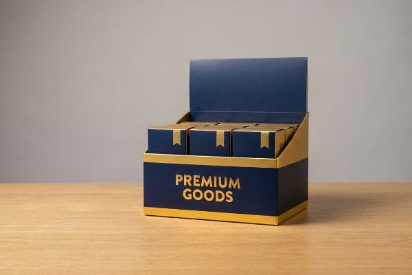 Navy blue and gold retail display box with 'Premium Goods' text, holding small navy blue boxes on a wooden table.
