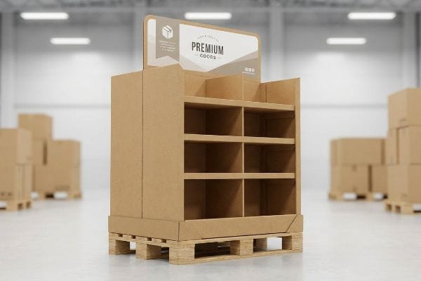 Brown corrugated cardboard pallet display with multiple shelves on a wooden base, featuring a 'Premium Goods' header in a warehouse.