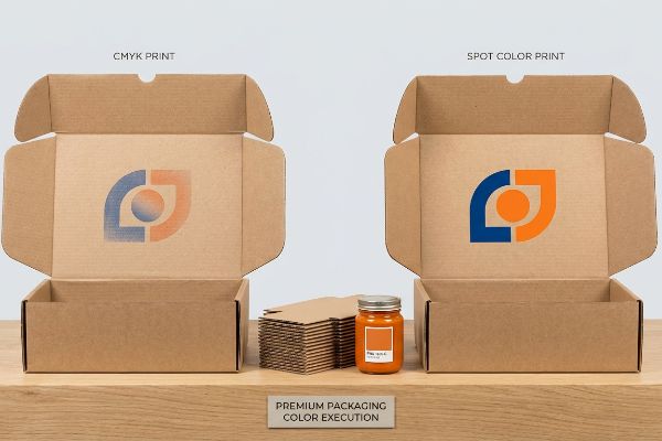 Brown corrugated boxes compare CMYK Print's faded logo to Spot Color Print's vibrant Pantone 158 C, showing premium packaging color execution.