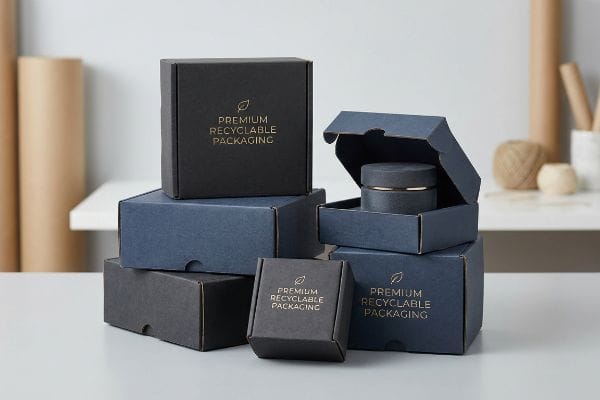 Premium Recyclable Packaging boxes in black and blue, some open, with a dark grey jar inside one.