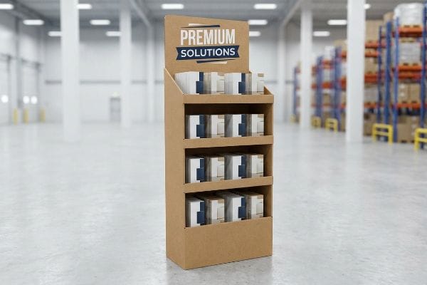 A warehouse setting features a brown cardboard retail display, showcasing 'Premium Solutions' products in white and blue boxes.