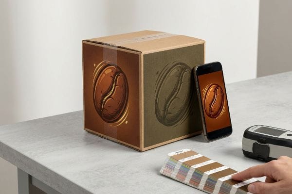 Corrugated cardboard box with coffee bean graphic, smartphone, Pantone swatch book, and spectrophotometer for precise color matching.